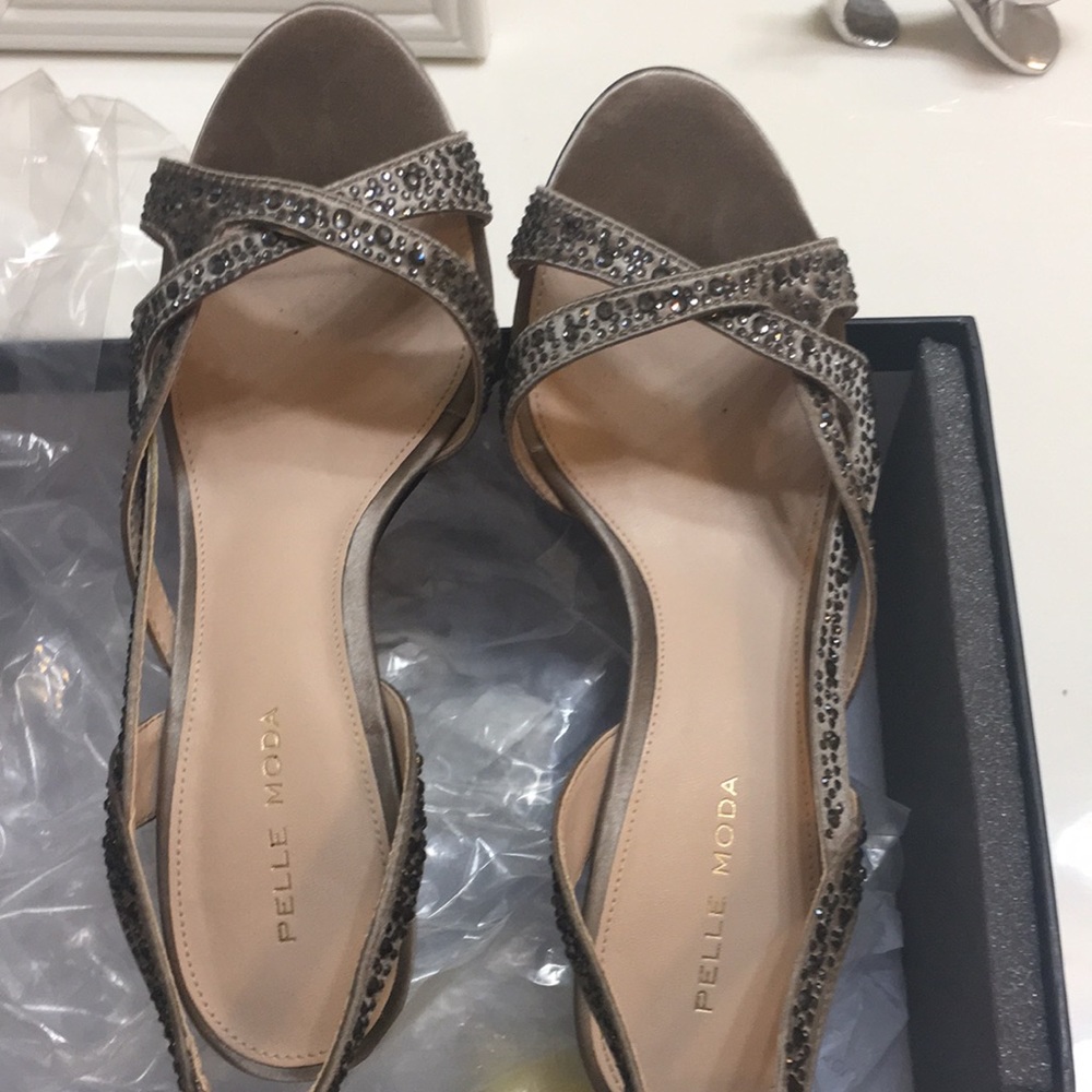 Beautiful Jeweled Pewter Silk Strappy Heels.